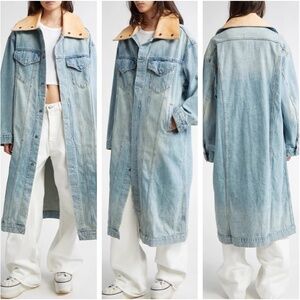 NWT R13 Kat Leather Collar Long Denim Trucker Coat - Corbet Blue